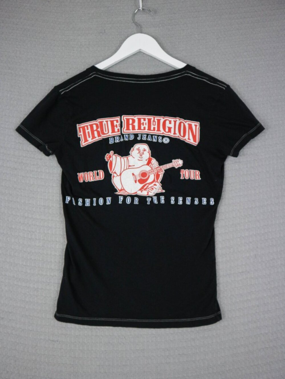 True Religion Logo Tee Graphic Womens Small Black V Neck Y2K Grunge